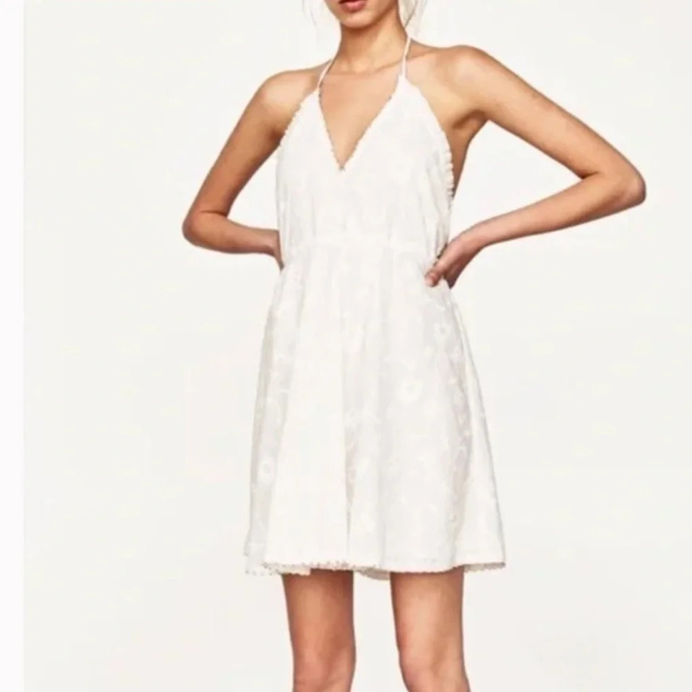 ZARA | Embroidered Open Back Halter Dress White Tassels Gold Beads Size Medium - Picture 3 of 12